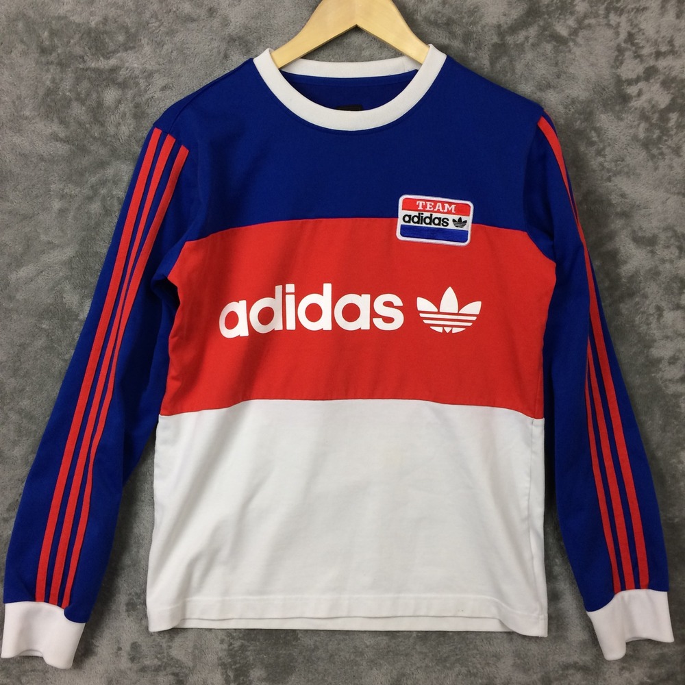 Adidas Long Sleeve T-Shirt Mens S Blue Red White Colorblock Trefoil Team Logo